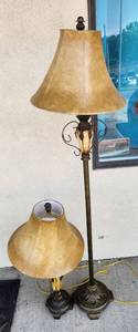 lot 152 image: Matching Pair Of Lamps Tan Gold Metal Scrolled Details