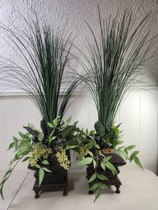 lot 155 image: Faux Plant Arrangement with Grass and Berries in Dark Wood Planter Set of 2