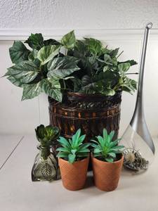 lot 158 image: Faux Plant Lot with Woven Basket Planter, Succulent Pots, Watering Globe