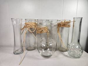 lot 163 image: Lot of 7 Glass Vases and Jars with Raffia Ties
