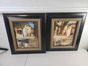 lot 166 image: 2 Framed Prints Mediterranean Coastal Village Scenes with Black Gold Frames