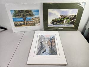 lot 169 image: Lot of 3 Watercolor Prints European Landscapes Matted Framed