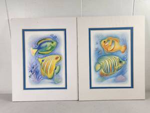 lot 170 image: Tropical Fish Colored Pencil Drawing Prints Matted Framed Art Set of 2