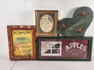 lot 171 image: Lot of 4 Framed Decorative Wall Art Prints My Raggedy Ann, Sister Quote, Mother Heart, Apples McIntosh Acres