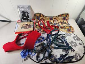 lot 182 image: Dog Supplies Lot Harnesses Leashes Bed Mats Training Books