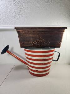 lot 193 image: Red and White Striped Watering Can with Decorative Planter Box