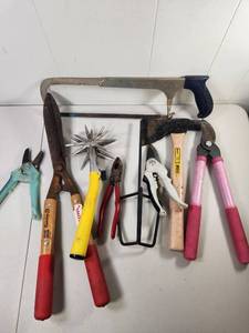 lot 201 image: Hand Tools Lot Garden Tool Set Pruners Shears Hatchet Rake