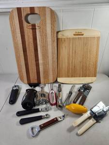 lot 228 image: Kitchen Gadgets & Tools Lot 2 Cutting Boards, Wine Key, Can Opener, Peeler, Grater, Bottle Opener