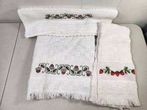 lot 239 image: 3-Piece White Kitchen Towel Set with Embroidered Strawberry and Acorn Design