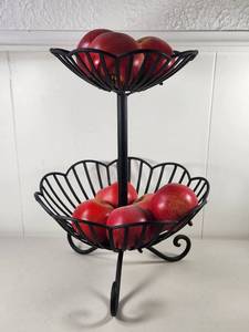 lot 247 image: Two-Tier Metal Fruit Stand with Shell-Shaped Baskets and Faux Apples
