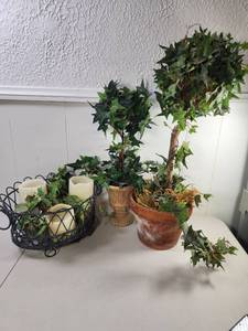 lot 249 image: Faux Ivy Topiary and Plant Lot with Wire Basket Candle Holder and Pillar Candles