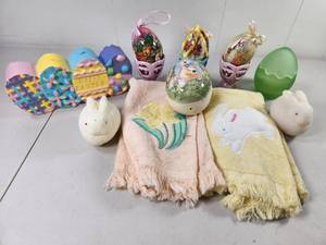 lot 295 image: Easter Holiday Decoration Lot Eggs Ornaments Bunny Figures Towels