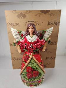 lot 309 image: Jim Shore Heartwood Creek Christmas Beauty Red Green Angel with Poinsettia 4034378