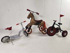 lot 317 image: Lot of 3 Decorative Ride-On Toys Scooter, Horse Tricycle, Tricycle