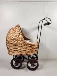 lot 320 image: Miniature Wicker Baby Pram Carriage with Black Metal Frame and Red Wheels