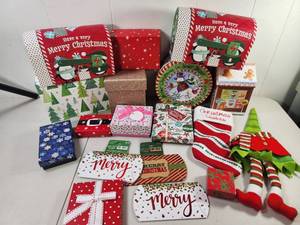 lot 344 image: Christmas Holiday Decorations and Accessories Lot - Gift Boxes, Cards, And More