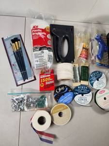 lot 346 image: Craft Supplies Lot Brushes, Dropcloth, Staples, Ribbons, Thread Spools