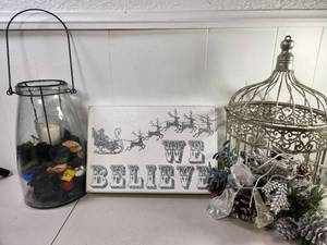 lot 349 image: Decorative Birdcage with Canvas Sign and Glass Lantern - Holiday Display Set
