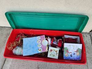 lot 355 image: Holiday Wrap-n-Stor Container with Christmas Decorations Lot
