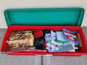 lot 356 image: Bin Full of Christmas Cards, Ornaments, Wrapping Paper, Decorative Box