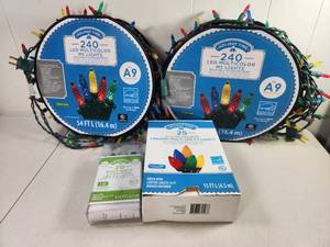 lot 357 image: Holiday Time LED String Lights Lot 240 M5 Multicolor 54ft, 25 Ceramic C7 15ft, 20 Warm White C3 8.25ft