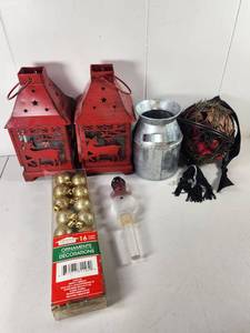 lot 358 image: Holiday Decor Lot 2 Red Lanterns Gold Ornaments Snowman Figurine Metal Can