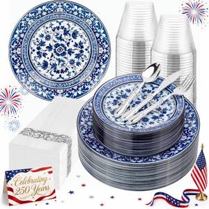 lot 1708 image: Hioasis 25 Blue Plastic Plates - Floral Disposable Dinnerware Set for Guests, Include 10 Dinner & Dessert Plates, 75 Silver Cutlery, 25 Napkins, 25 Cups for 4th ofJuly (Art Style) - Retail $45