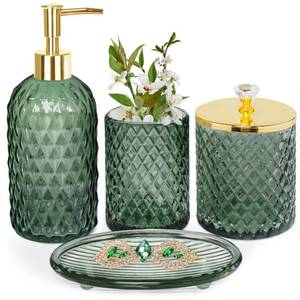 lot 1709 image: Haturi Bathroom Accessories Set, 4Pcs Sage Green Glass Bathroom Set Complete wBathroom Soap Dispenser Set, Toothbrush Holder, Qtip Holder, Soap Dish, Green Bathroom Decor, Gift for Home Apartment - Retail $22