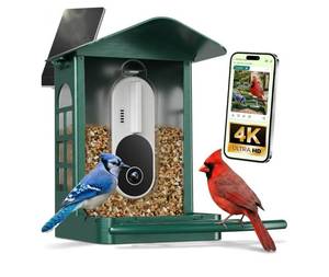 lot 1722 image: Bird Feeder with Camera, 4K UHD Solar Smart Bird Feeder with AI Bird Specie Identification, No Subscription, 2.4G5G WiFi, 32GB SD Card, IP65 Metal, Backyard Bird Watching Gifts for Bird Lovers - Retail $200