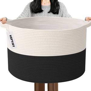 lot 1732 image: HZFTJOY 115L Extra Large Blanket Basket,Woven Rope Laundry Basket Hamper with Handles, Decorative Nursery Basket Storage Bin for Toys, Clothes Organizer, Living Room, Bedroom, Bathroom, White&Black - Retail $33