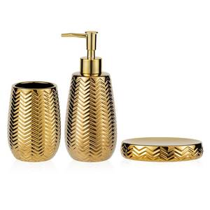 lot 1743 image: Gold Bathroom Accessories 3pcs Stylish Bathroom Accessories Set Gold Soap Dispenser Pump, Tumbler and Soap Dish Modern Decor Wavy Design Ceramic Bathroom Accessory Set - Retail $23
