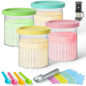 lot 1748 image: Evjeal Creami Deluxe Pints & Lids Compatible with Ninja NC500 NC501 Series Ice Cream Makers, 24 Oz, BPA-Free, Dishwasher Safe, 4 Colors, with 5 Spoons & 64 Writable Labels, 4 Pack