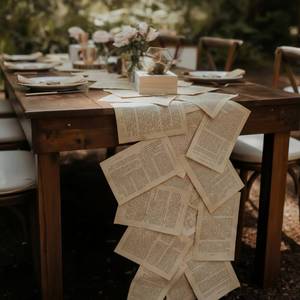 lot 1753 image: Tinlade Vintage Table Runner Book Pages Wedding Literary Themed Table Runner DIY Journal Paper Tabletop Decor Set 114 Page with Scissor Tape for Book Lover Bridal Baby Shower Party Decor(Khaki Color) - Retail $17