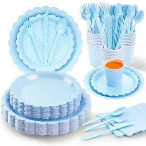 lot 1763 image: Fijinhom Light Blue Paper Plates Set, 350 PCS Party Supplies, Disposable Dinnerware Set for 50 Guests, Light Blue Paper Plates Napkins Cups Blue Plastic Forks Knives Spoons for Wedding Festivals