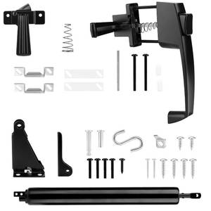 lot 1772 image: Storm Door Closer & Screen Door Handle, Black Heavy Duty Screen Door Closer Replacement Kit Shock Absorber Bracket with Screen Door Spring Storm Door Latch Protecting from Strong Winds - Retail $24