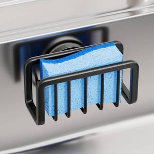 lot 1776 image: TAILI Sink Caddy with Strong Suction Cup, Sponge Holder for Kitchen Sink Oganizer, Removable Rustproof Aluminum Sponge Holder, Dish Brush for Scraper - Black - Retail $15