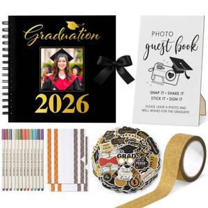 lot 1789 image: Capoda 2026 Graduation Guest Book to Sign 80 Pages Memory Scrapbook Photo Album with 1 Photo Guest Book Sign, 12 Colors Pens, 50 DIY Stickers, 2 Gold Tapes, 2 Self Adhesive Corners(Grad) - Retail $17,111