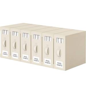 lot 1797 image: Criusia Bed Sheet Organizers and Storage, 6 Pack Foldable Linen Closet Organizer Box Bedding Holder for Sheet Set (KingQueen Sizes), Duvet Covers, Blankets (Beige) - Retail $40