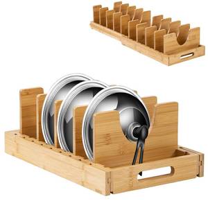 lot 1810 image: KZIADUIV Lid Organizers Inside Cabinet 2-in-1 Expandable Pot Baking Sheet Organizer Adjustable Pot Lids Holder Rack Cutting Board Rack Plate Organizer for Cabinet - Retail $24