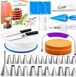 lot 1826 image: RFAQK 90PCs Cake Decorating Kit for Beginners, Baking Supplies Includes Cake Turntable, Cake Leveler, 24 Icing Piping Tips, 56 Piping Bags, 2 Couplers, Spatulas, Scrapers, Video Course and Booklet - Retail $21