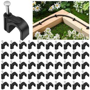 lot 7446 image: Leriton 100 Pcs Drip Irrigation 14in and 38in Tubing Mounting Clips, Firm and Easy to Install, Drip Irrigation Kit Connector, Black - Retail $18