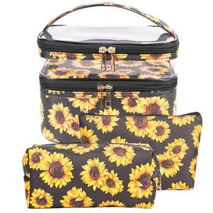 lot 7449 image: FITINI 3 Pieces Sunflower Makeup Bags Double Layer Travel Large Cosmetic Cases Organizer Toiletry Bags Waterproof Small Zipper Pouch for Women Makeup Brush Storage Bag - Retail $19