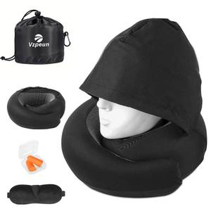 lot 7471 image: Vzpeun Travel Pillow - Hooded Neck Pillow Airplane Memory Foam Filling for Plane, Office, Cars Sleeping, Road Trip, Long Flights, Airplane Travel Essentials, Includes Eye Mask & Earplugs (Black) - Retail $25