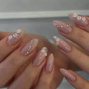 lot 7481 image: octoswave Press on Nails Long Almond - Handcrafted 3D White Flower & Silver Rhinestone Designs - Nude Ombre Glossy Fake Nails for Weddings 30pcs - Retail $7