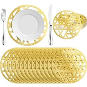 lot 7487 image: Tinlade 50 Pcs Gold Round Paper Placemats Bulk 12 Inch Gold Laser-Cut Geometric Pattern Charger Placemats for Modern Weddings Dinner New Years Eve Festive Party Birthday Table Decoration - Retail $20