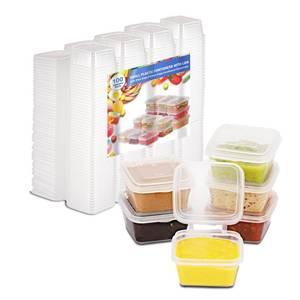 lot 7495 image: RIKICACA 2 oz Small Plastic Containers with Lids (100pack), Disposable Condiment Containers with Lids, Portion Cups, Jello Shot Sauce Cups (Square) - Retail $15