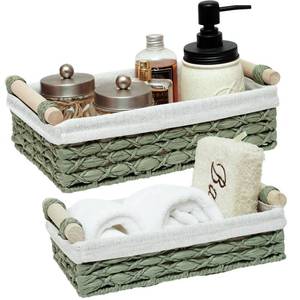 lot 7501 image: DUOER Storage Basket Wicker Baskets for Organizing with Handle Decorative Storage Bins for Countertop Toilet Paper Storage Basket for Toilet Tank Top Small Baskets Set (Set of 2,Green) - Retail $21