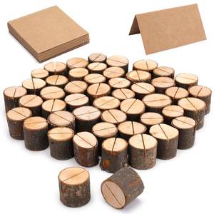 lot 7514 image: Tosnail 50 Pieces Wooden Place Card Holders with 50 Kraft Paper Cards, Rustic Wood Table Number Stands, Photo Holder for Wedding Party Decoration, Photo Display - Retail $17