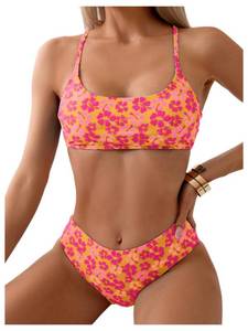 lot 7522 image: SweatyRocks Womens Floral Print Bikini Set High Cut Boho Swimsuit Two Piece Bathing Suit Orange X-Small - Retail $29