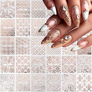lot 13637 image: Flower Nail Art Stickers Decals Lace Flower Nail Stickers 30Sheets Rose Golden Lace Floral Vine 3D Self-Adhesive Nail Decals Irregular Geometric Manicure Sliders for Spring Summer Nail Art Decorations - Retail $8